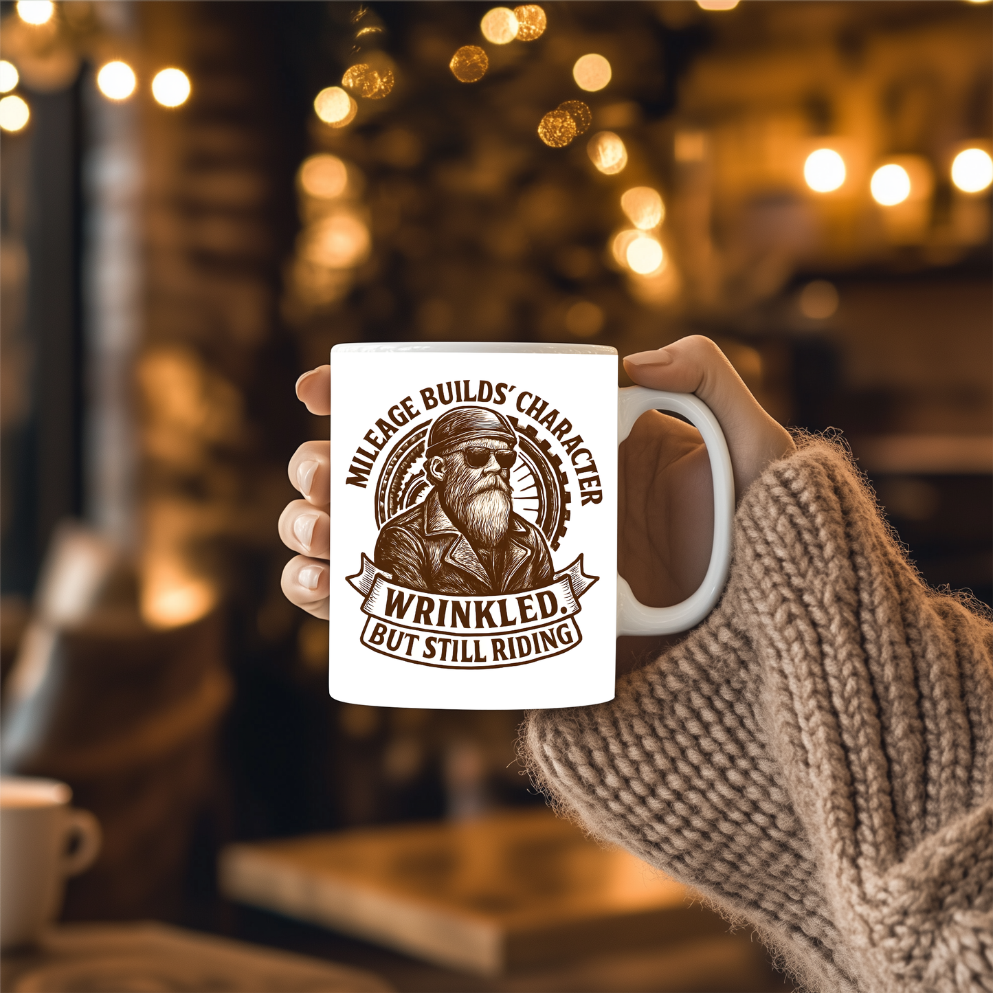 Mileage Builds Character Mug, Whether you're gifting it to a fellow rider or indulging in a biker coffee mug for yourself, it's more than just a drink; it's a tribute to the timeless adventure that says, "you're never too old."