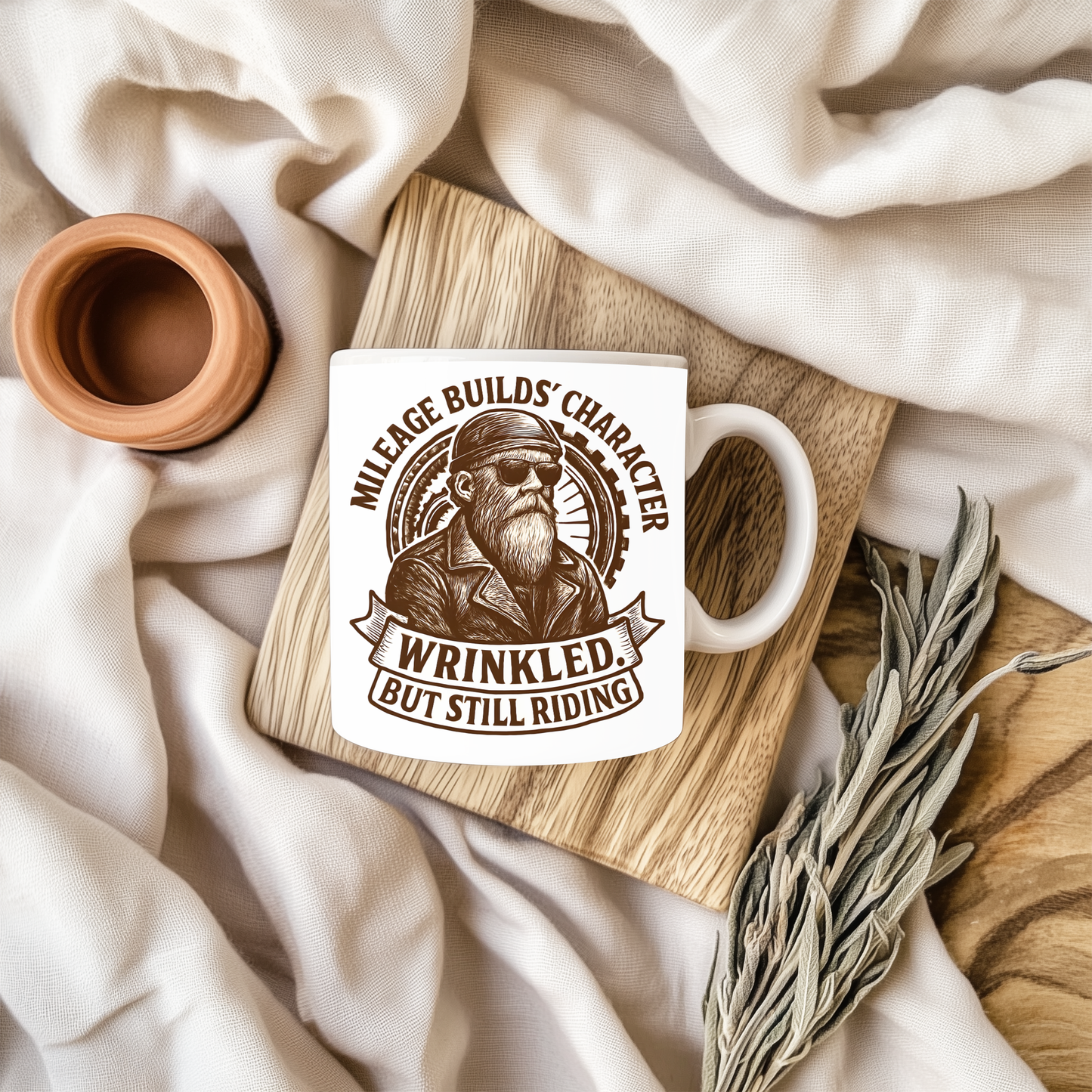 Mileage Builds Character Mug, Whether you're gifting it to a fellow rider or indulging in a biker coffee mug for yourself, it's more than just a drink; it's a tribute to the timeless adventure that says, "you're never too old."