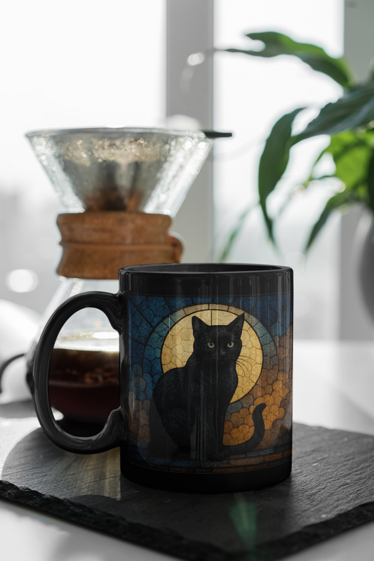 Moon Cat Stained Glass Effect Mug, Embrace the mysterious elegance with every sip, and let this cat stained glass masterpiece become your new favorite moon mug. witchy gift
