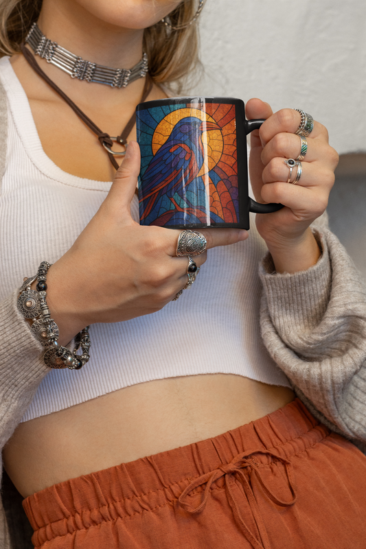 Raven Stained-Glass Effect Mug, This raven mug isn't just a drinkware item; it's an exquisite raven gift for those who cherish the mystique of these storied creatures.