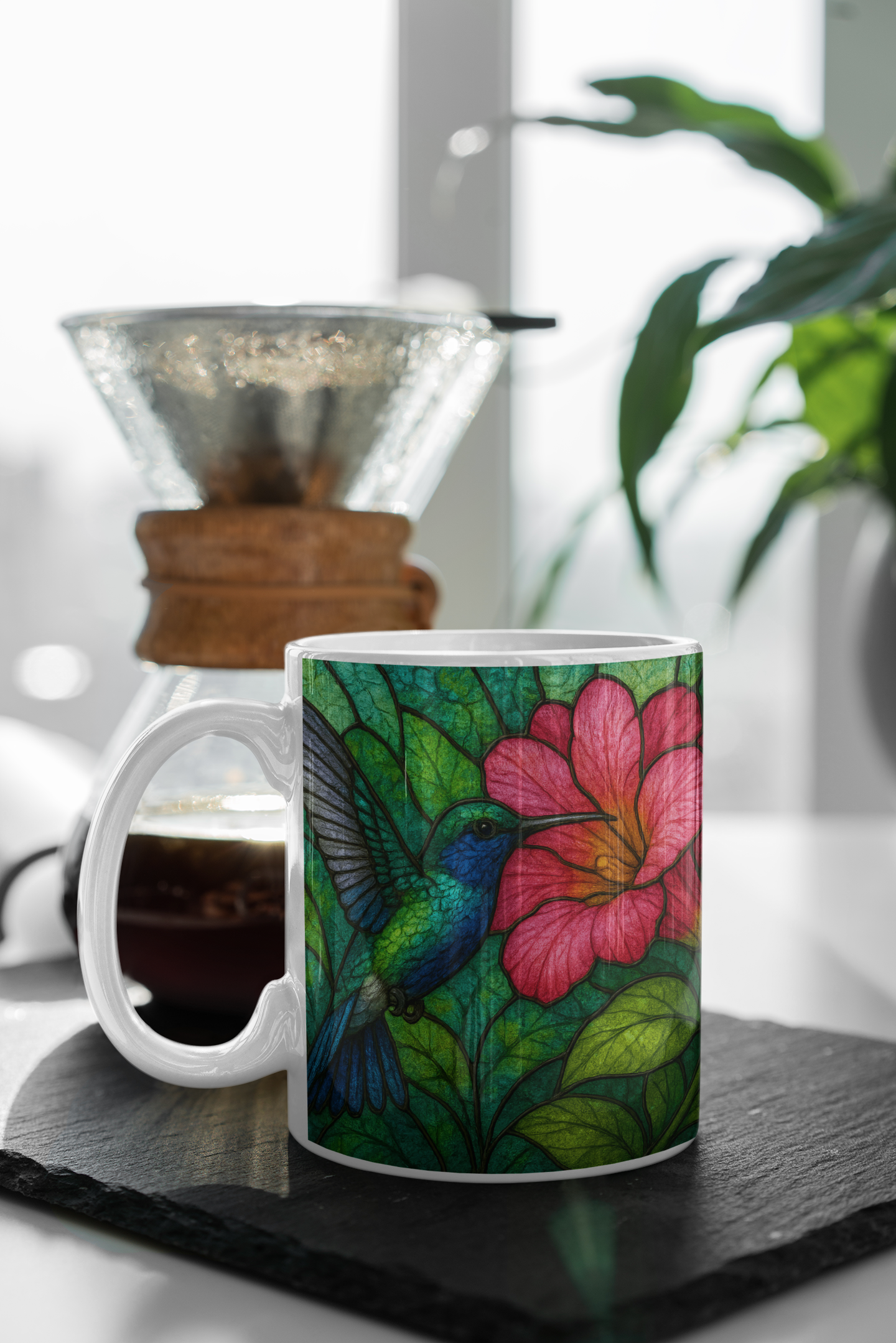 Hummingbird Stained Glass Effect Mug, Perfect as a hummingbird gift for loved ones or a special treat for yourself.