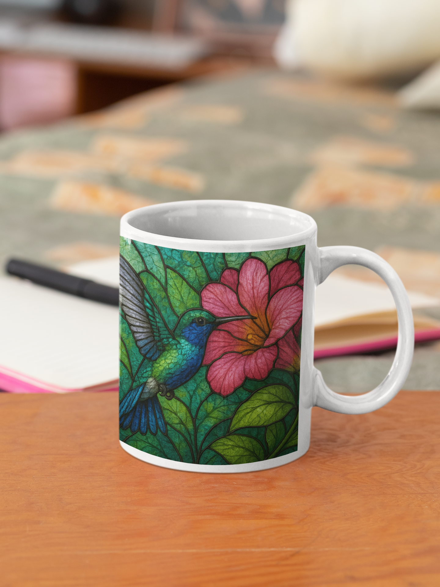 Hummingbird Stained Glass Effect Mug, Perfect as a hummingbird gift for loved ones or a special treat for yourself.