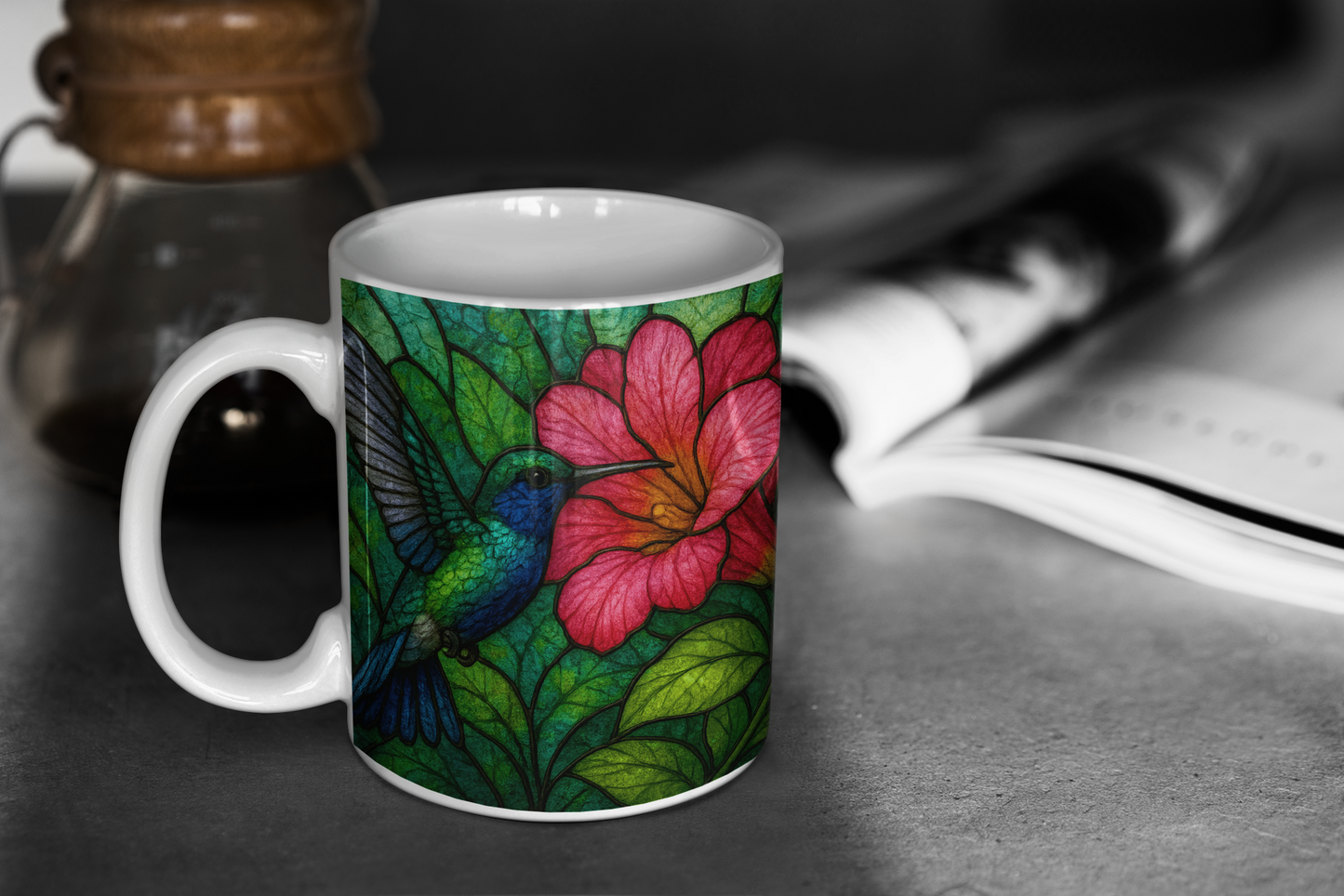 Hummingbird Stained Glass Effect Mug, Perfect as a hummingbird gift for loved ones or a special treat for yourself.