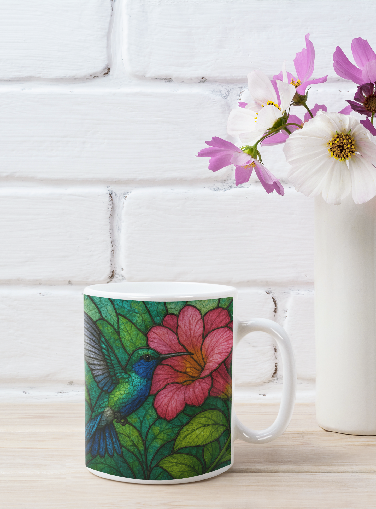 Hummingbird Stained Glass Effect Mug, Perfect as a hummingbird gift for loved ones or a special treat for yourself.