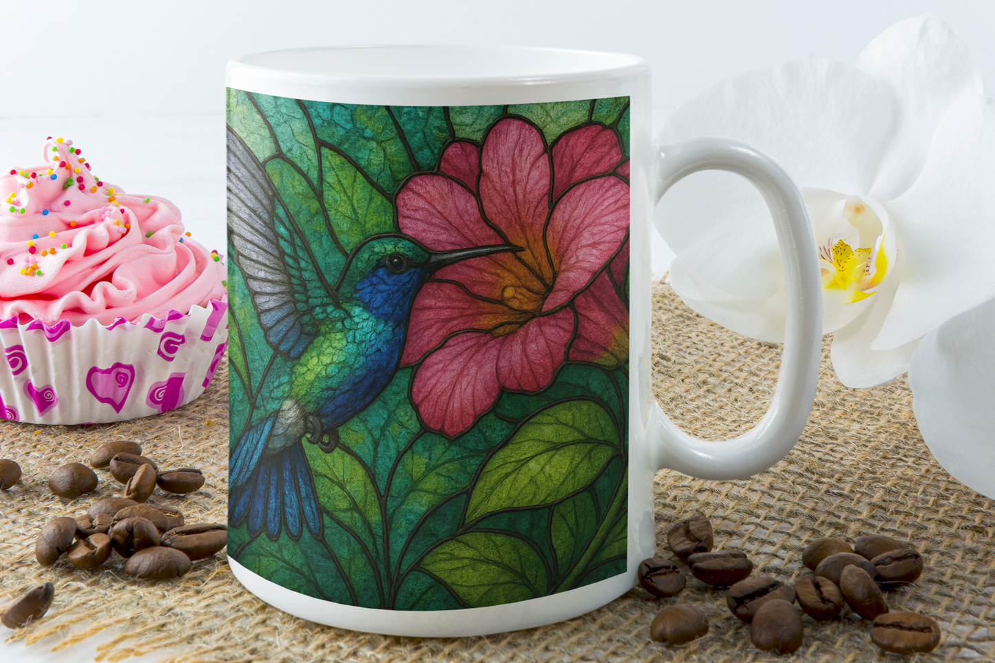 Hummingbird Stained Glass Effect Mug, Perfect as a hummingbird gift for loved ones or a special treat for yourself.