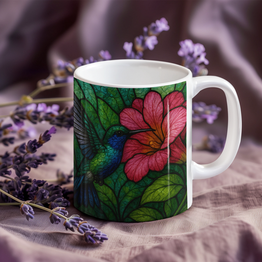 Hummingbird Stained Glass Effect Mug, Perfect as a hummingbird gift for loved ones or a special treat for yourself.