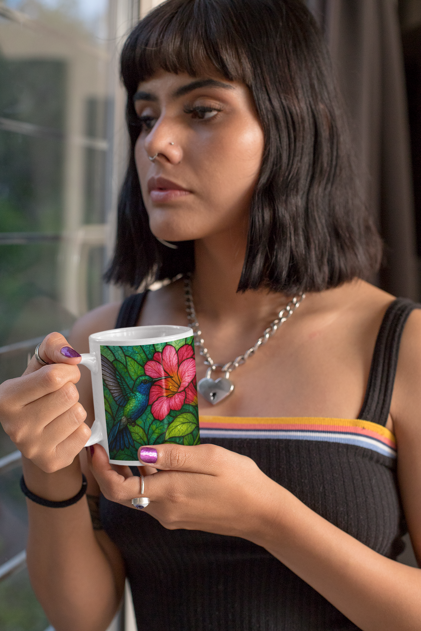 Hummingbird Stained Glass Effect Mug, Perfect as a hummingbird gift for loved ones or a special treat for yourself.