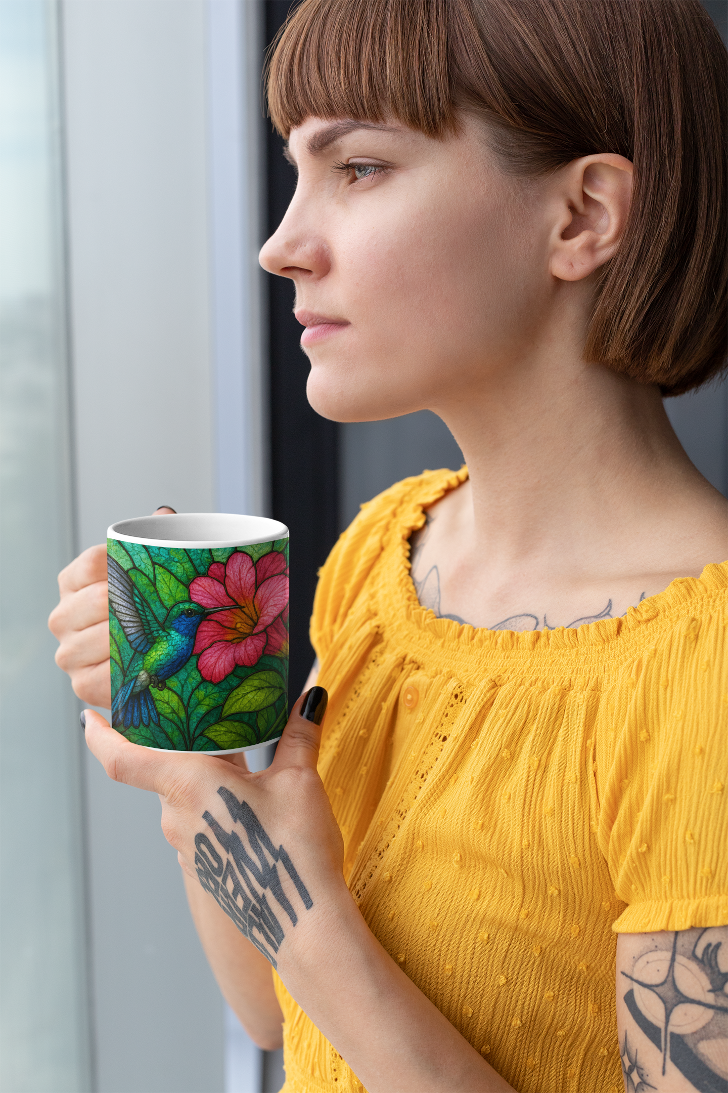 Hummingbird Stained Glass Effect Mug, Perfect as a hummingbird gift for loved ones or a special treat for yourself.