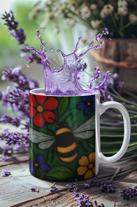 Bumblebee Mug Stained Glass Effect, Perfect for any bee lover, this bee coffee mug captures the delicate beauty of a bustling garden scene, making it an ideal bee lover gift or beekeeper gift.