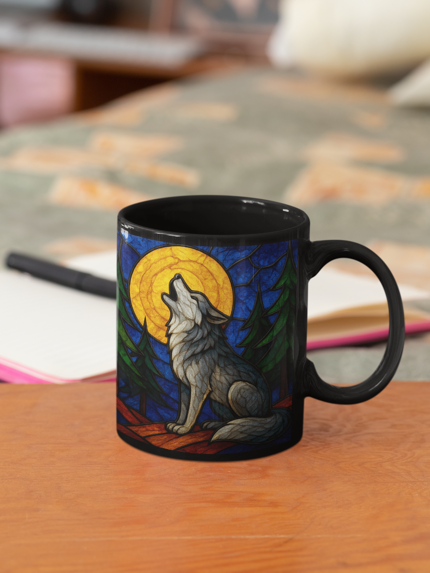 Wolf Coffee Cup with Stained Glass Effect, Ideal for any wolf lover, this wolf cup serves not just as a vessel for your favorite brew but also as a striking symbol of wilderness and wonder.