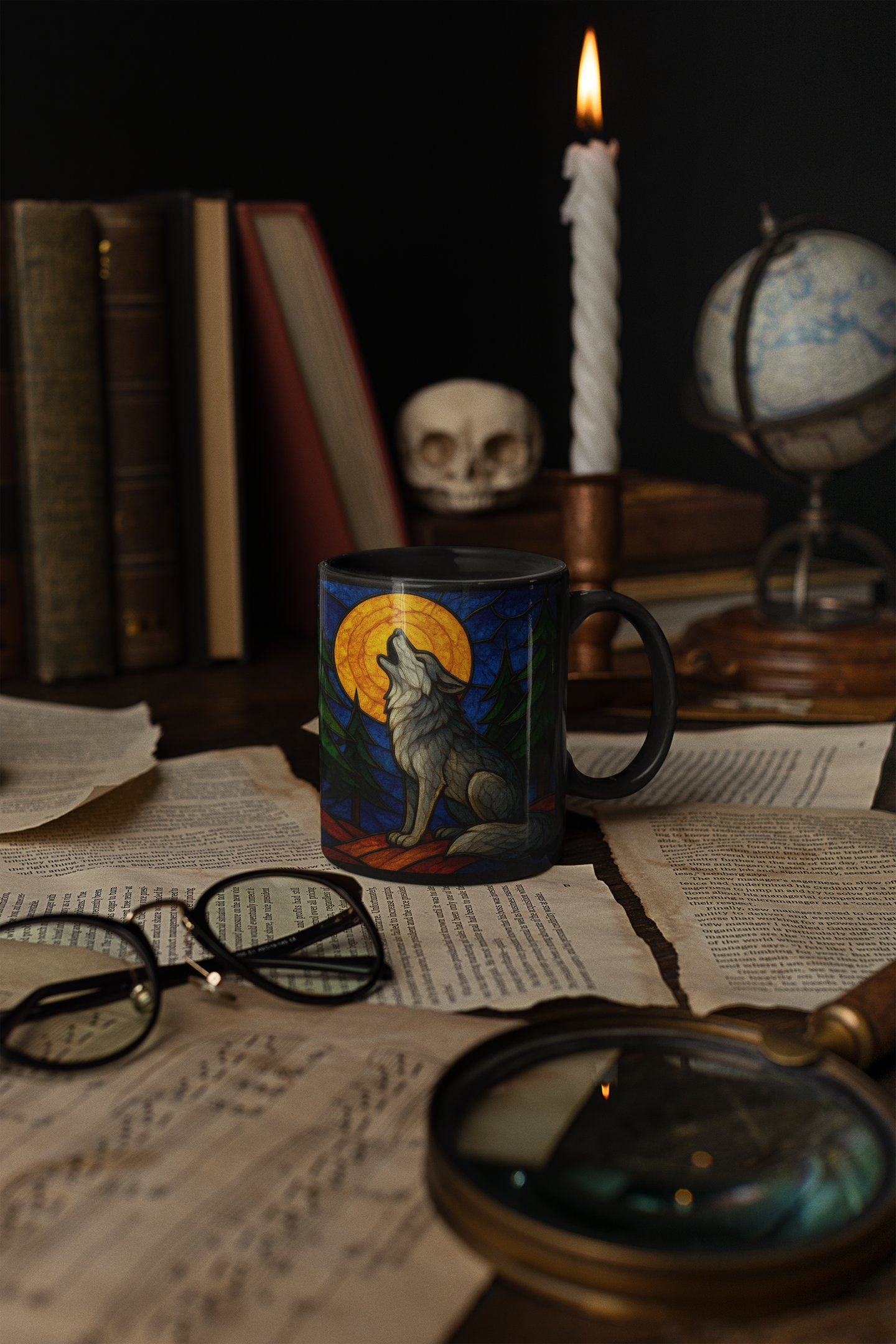 Wolf Coffee Cup with Stained Glass Effect, Ideal for any wolf lover, this wolf cup serves not just as a vessel for your favorite brew but also as a striking symbol of wilderness and wonder.
