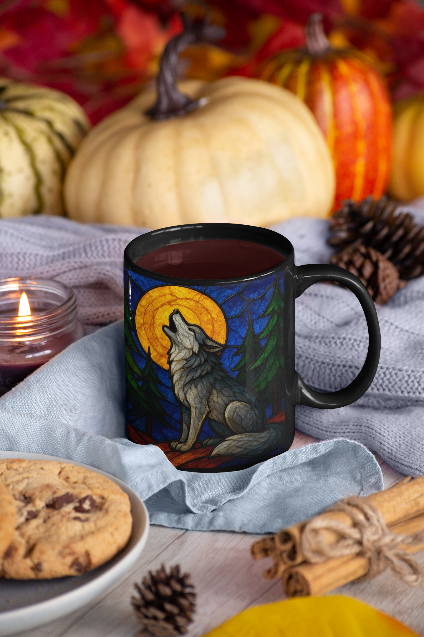 Wolf Coffee Cup with Stained Glass Effect, Ideal for any wolf lover, this wolf cup serves not just as a vessel for your favorite brew but also as a striking symbol of wilderness and wonder.