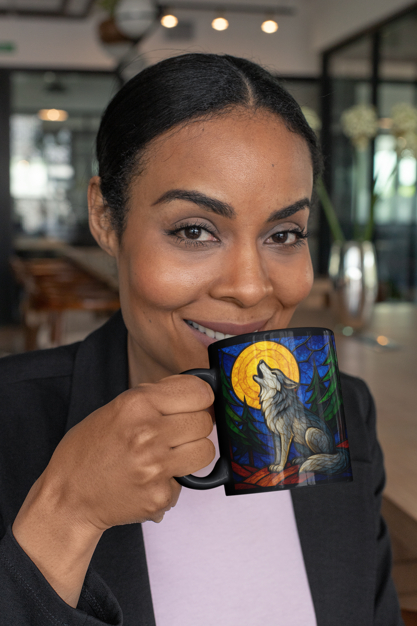 Wolf Coffee Cup with Stained Glass Effect, Ideal for any wolf lover, this wolf cup serves not just as a vessel for your favorite brew but also as a striking symbol of wilderness and wonder.