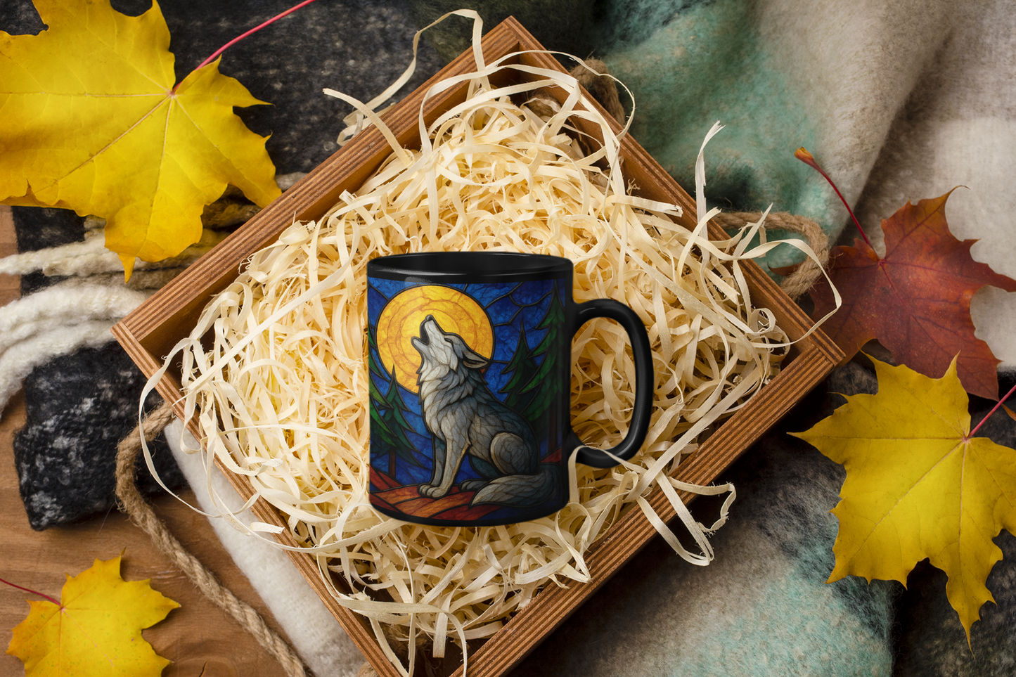 Wolf Coffee Cup with Stained Glass Effect, Ideal for any wolf lover, this wolf cup serves not just as a vessel for your favorite brew but also as a striking symbol of wilderness and wonder.
