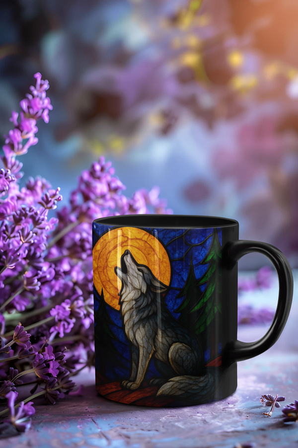 Wolf Coffee Cup with Stained Glass Effect, Ideal for any wolf lover, this wolf cup serves not just as a vessel for your favorite brew but also as a striking symbol of wilderness and wonder.