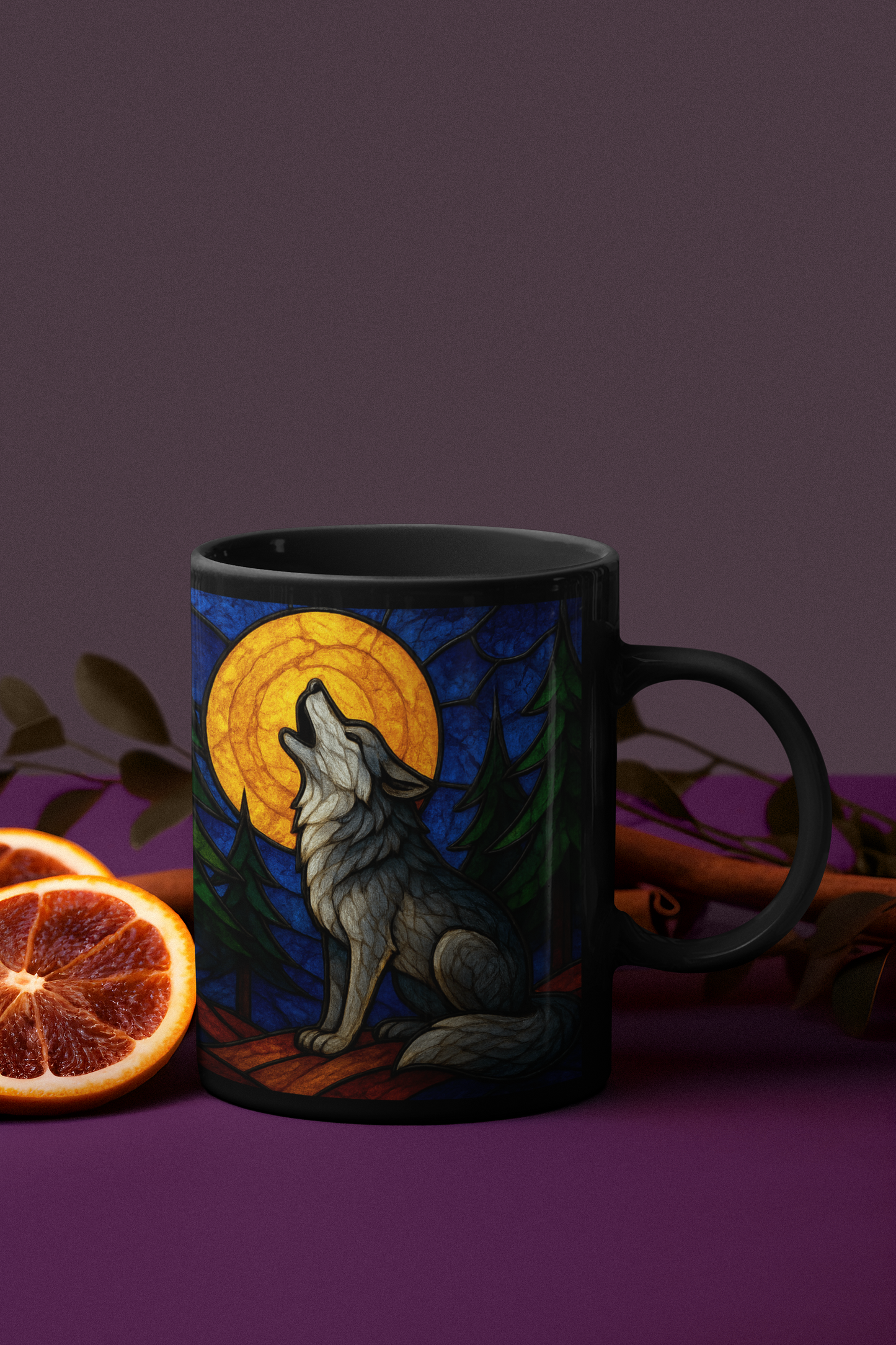 Wolf Coffee Cup with Stained Glass Effect, Ideal for any wolf lover, this wolf cup serves not just as a vessel for your favorite brew but also as a striking symbol of wilderness and wonder.