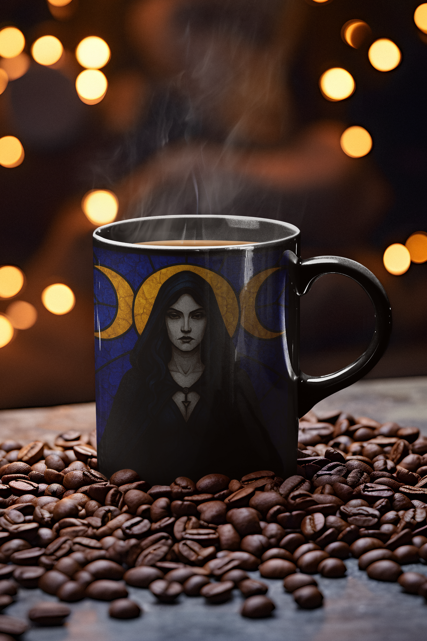 Triple Moon Goddess Stained Glass Effect Mug, Perfect as a spiritual gift idea, it brings together the power of the triple moon, embodying the essence of the moon goddess.