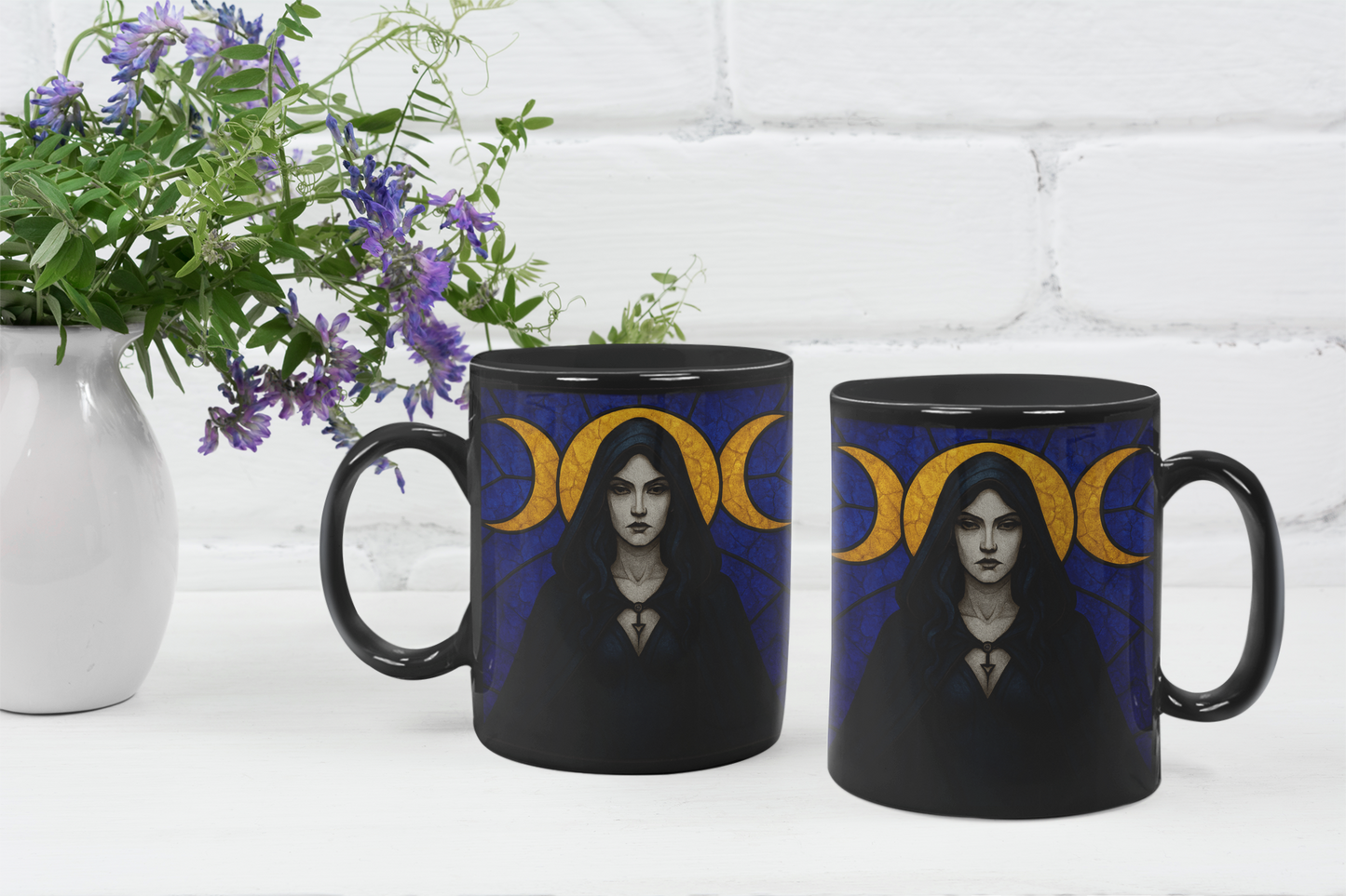 Triple Moon Goddess Stained Glass Effect Mug, Perfect as a spiritual gift idea, it brings together the power of the triple moon, embodying the essence of the moon goddess.
