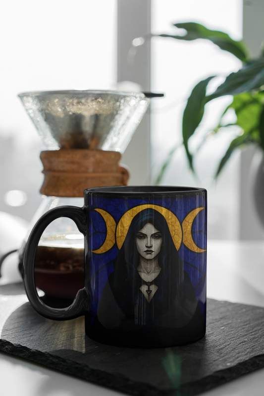 Triple Moon Goddess Stained Glass Effect Mug, Perfect as a spiritual gift idea, it brings together the power of the triple moon, embodying the essence of the moon goddess.