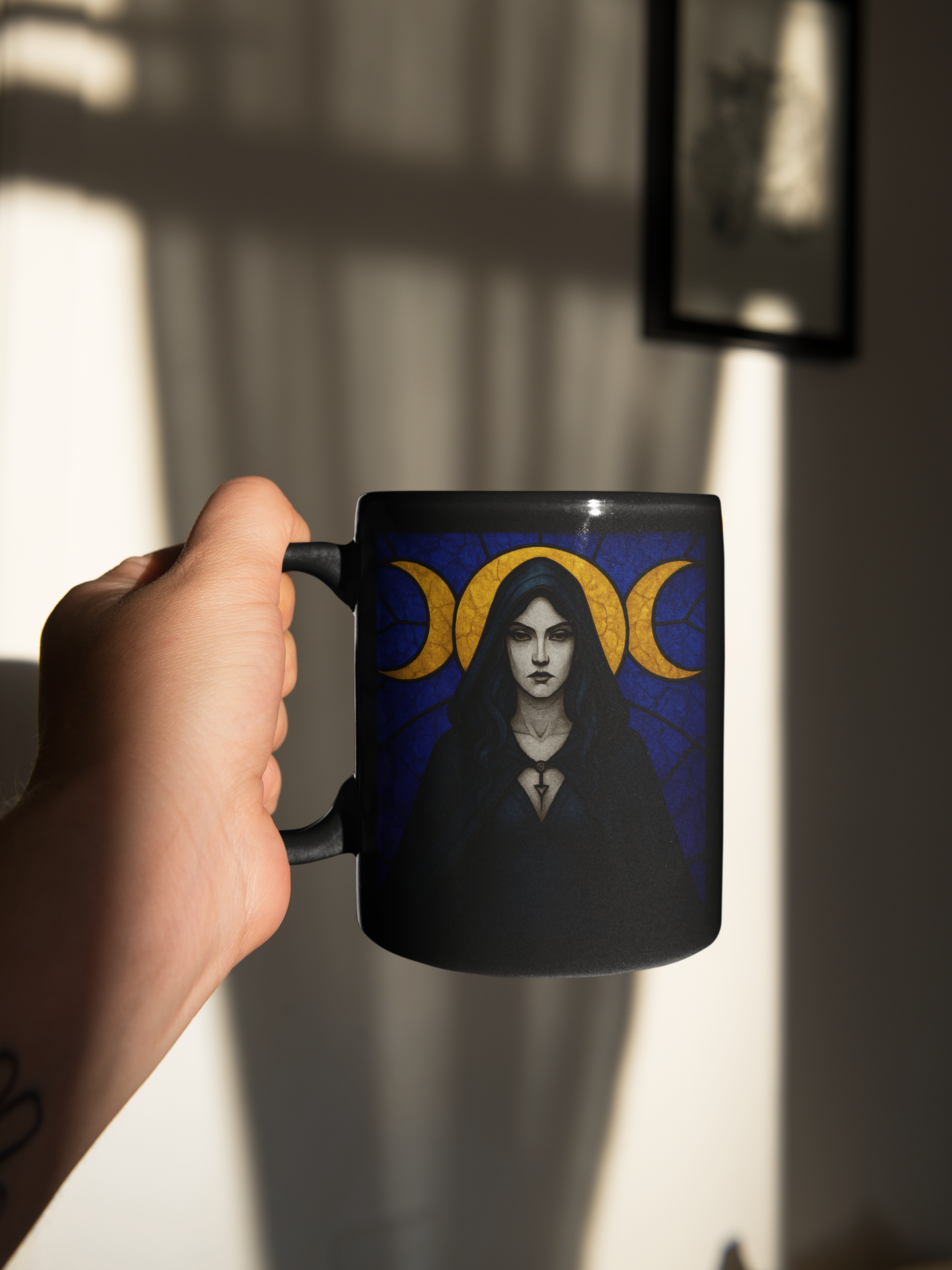 Triple Moon Goddess Stained Glass Effect Mug, Perfect as a spiritual gift idea, it brings together the power of the triple moon, embodying the essence of the moon goddess.