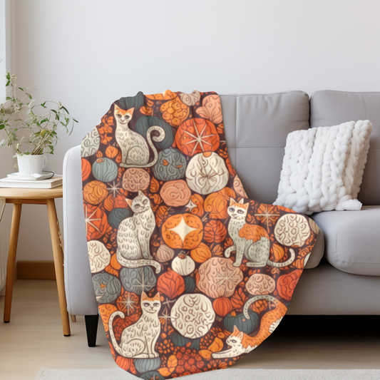 Autumn Cat Pumpkin Blanket, a snuggle blanket for your home,a masterpiece of autumnal decor.