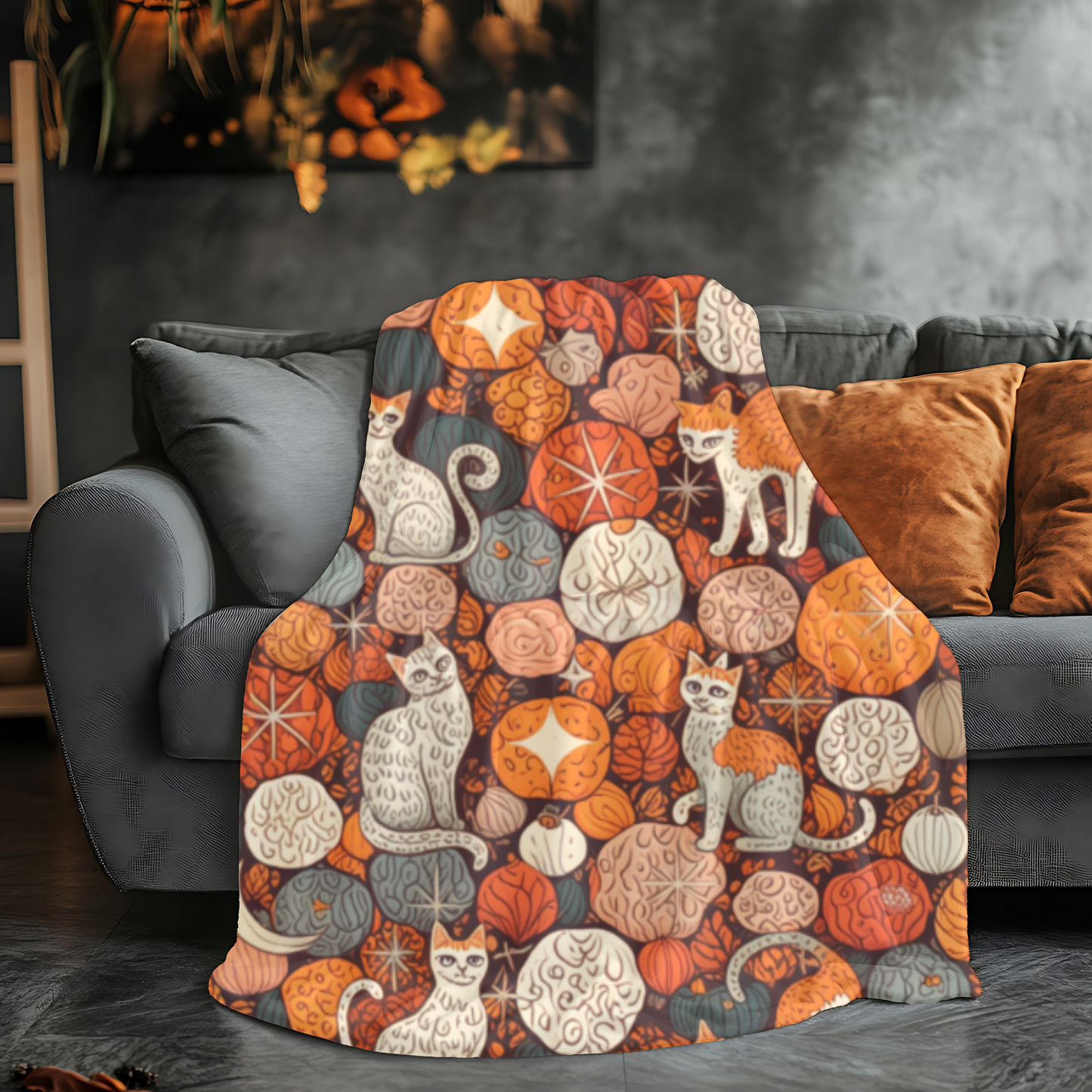 Autumn Cat Pumpkin Blanket, a snuggle blanket for your home,a masterpiece of autumnal decor.