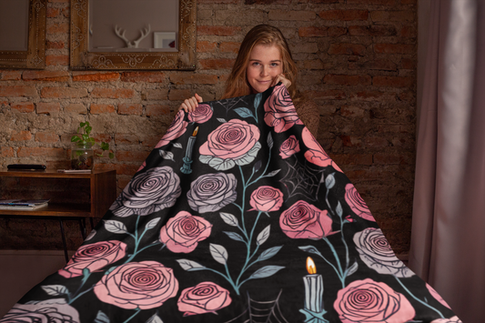 Gothic Pink Halloween Rose Blanket, Perfect as a Spooky Gift, it brings a whisper of elegance to your Halloween Decor.