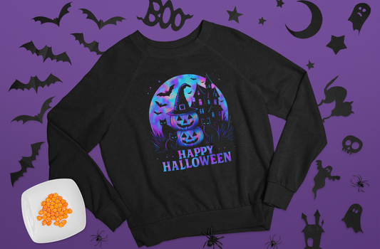 Happy Halloween Holographic Jumper, this jumper’s mesmerizing holographic design transforms any outfit into a Halloween masterpiece.