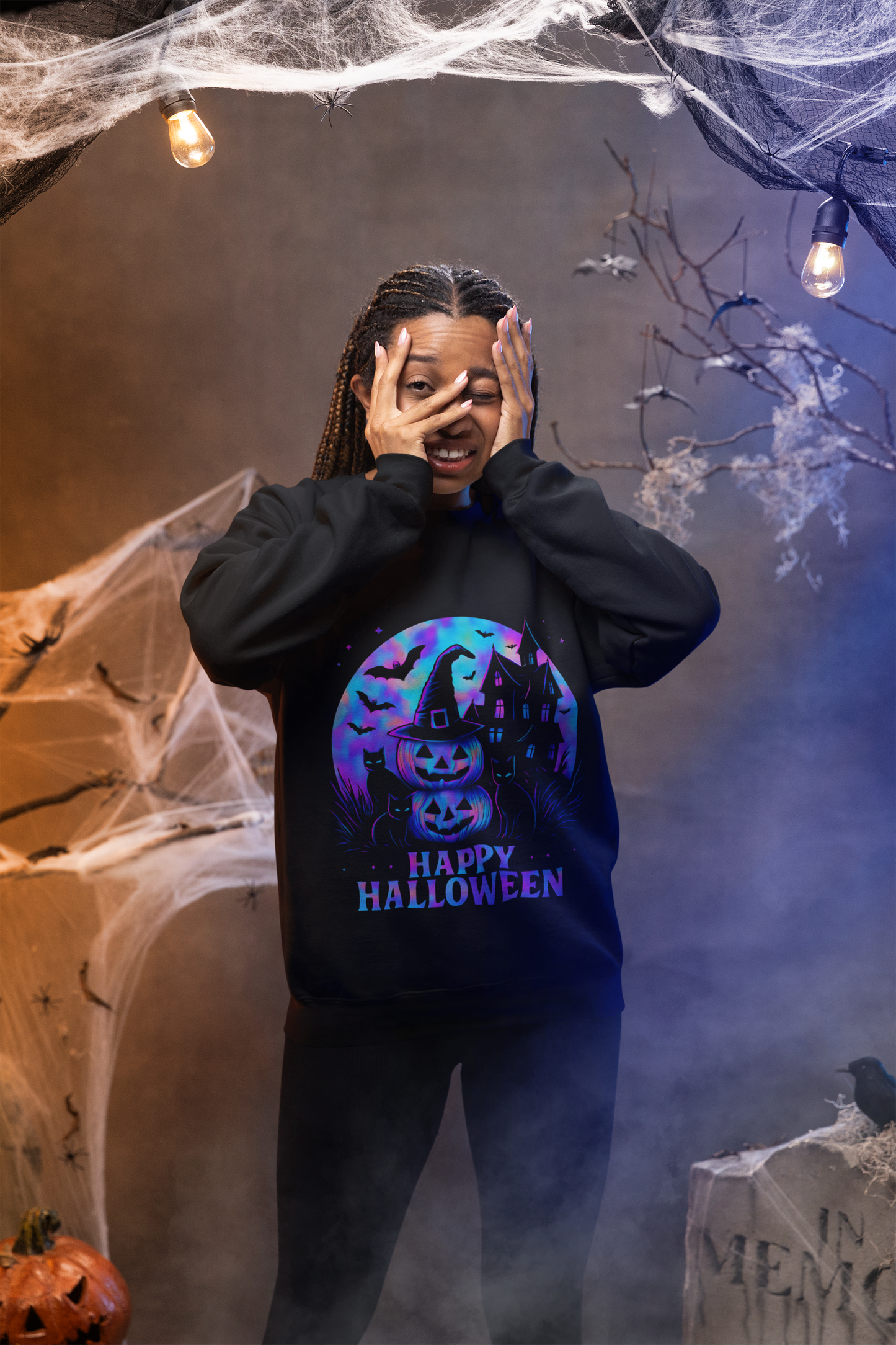 Happy Halloween Holographic Jumper, this jumper’s mesmerizing holographic design transforms any outfit into a Halloween masterpiece.