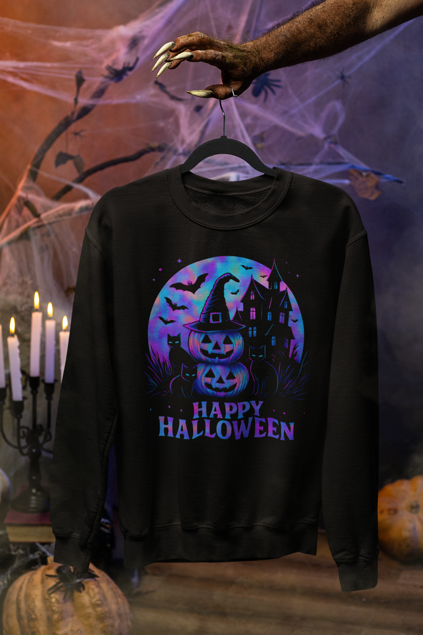Happy Halloween Holographic Jumper, this jumper’s mesmerizing holographic design transforms any outfit into a Halloween masterpiece.