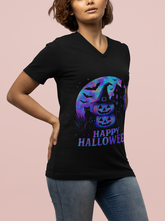 Happy Halloween Holographic V-Neck T-Shirt,the perfect choice for any Halloween celebration.