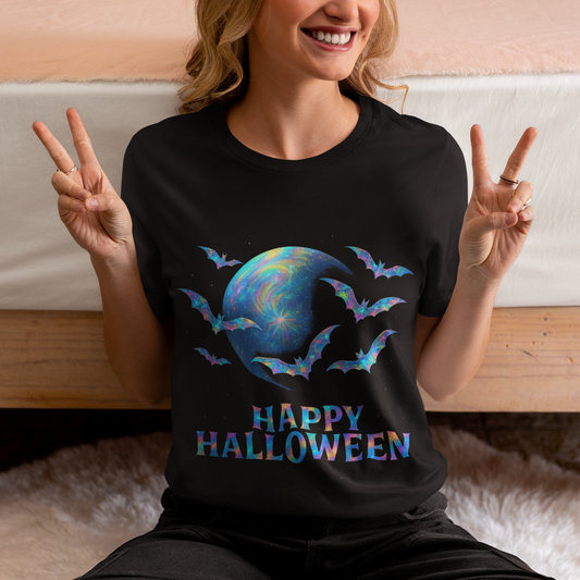 Happy Halloween Holographic style Bat Tshirt, It's a fusion of art and fashion—a masterpiece of holographic art that transforms a simple bat shirt into a standout piece.