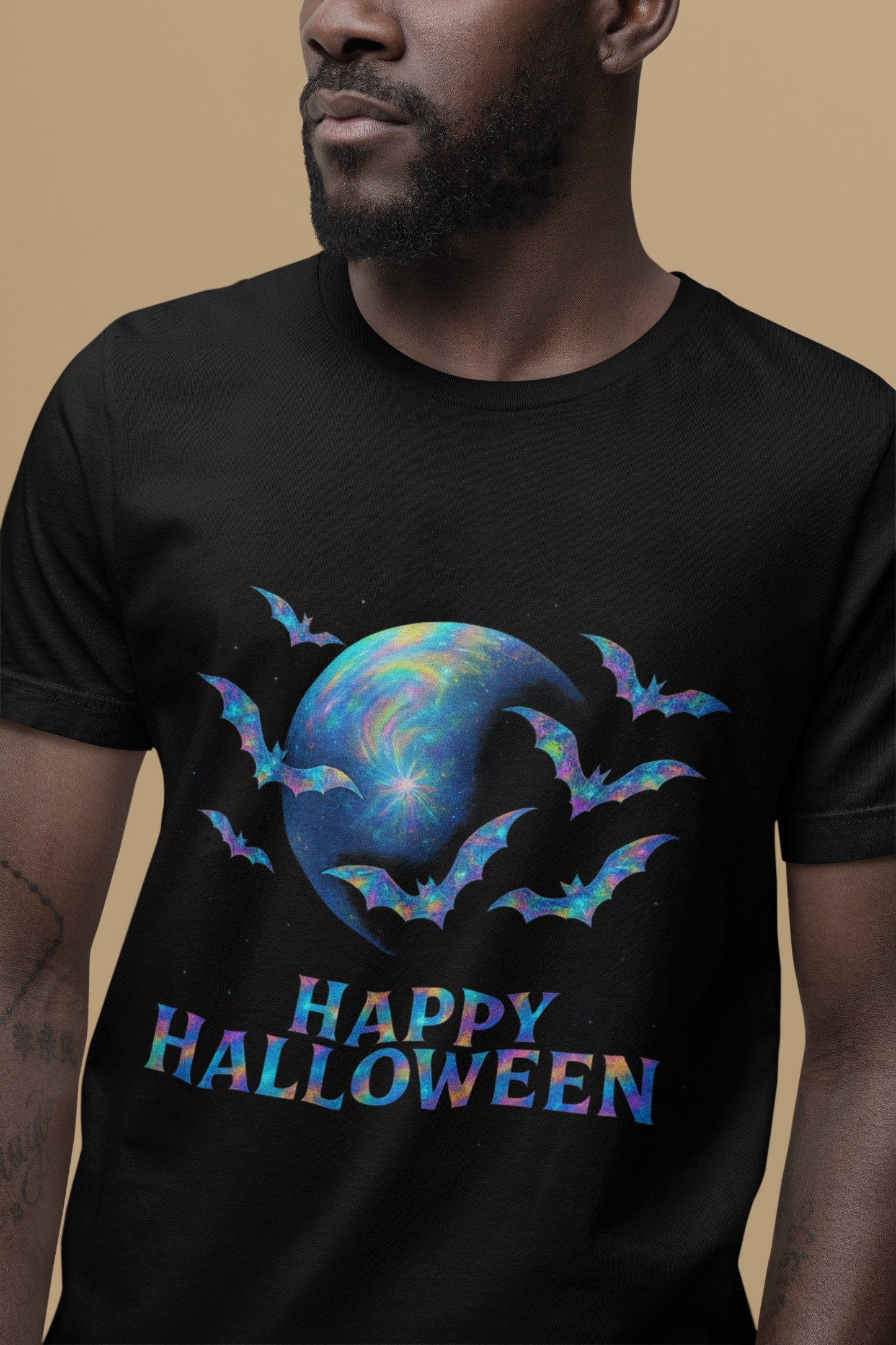 Happy Halloween Holographic style Bat Tshirt, It's a fusion of art and fashion—a masterpiece of holographic art that transforms a simple bat shirt into a standout piece.
