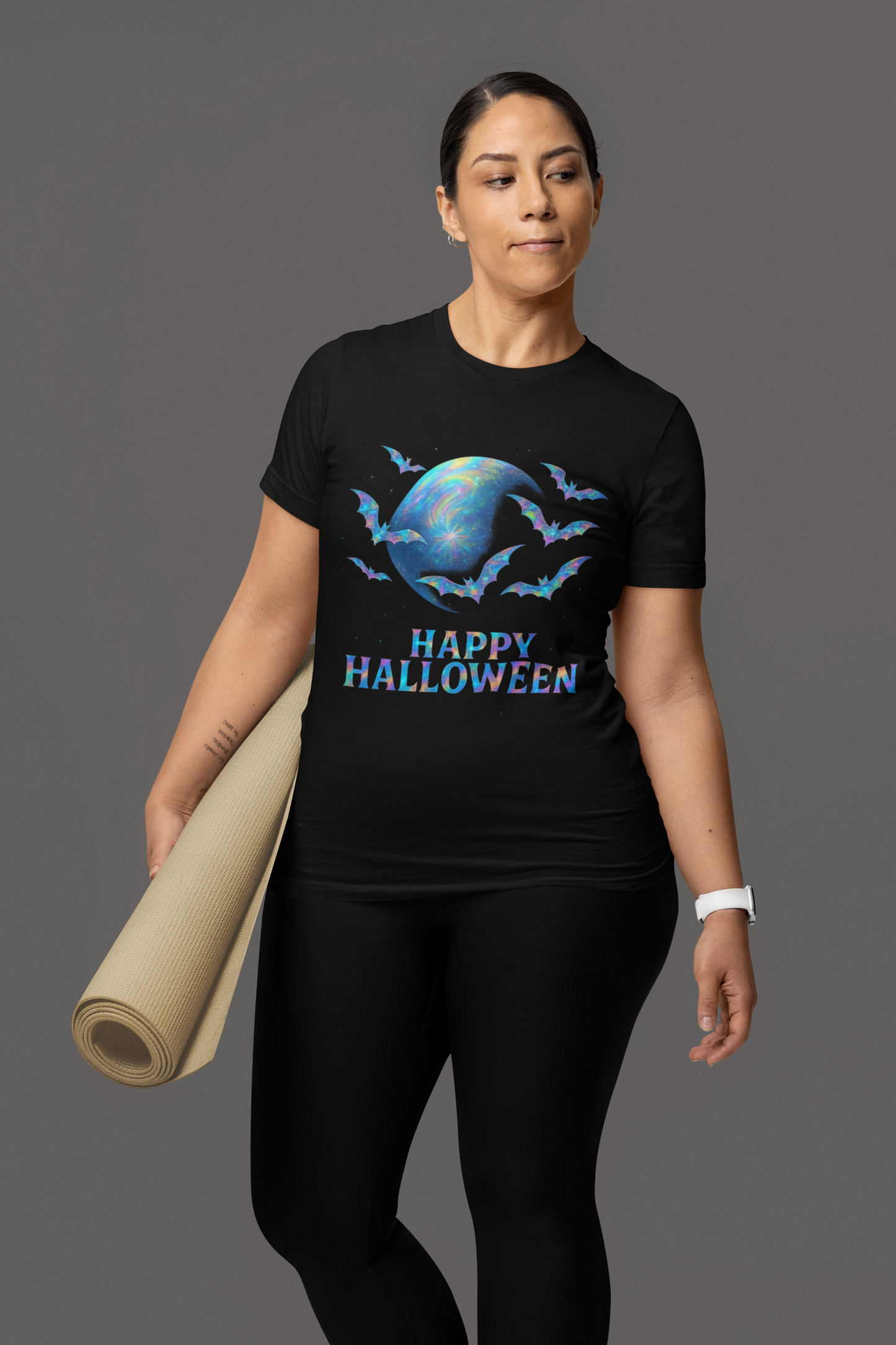 Happy Halloween Holographic style Bat Tshirt, It's a fusion of art and fashion—a masterpiece of holographic art that transforms a simple bat shirt into a standout piece.