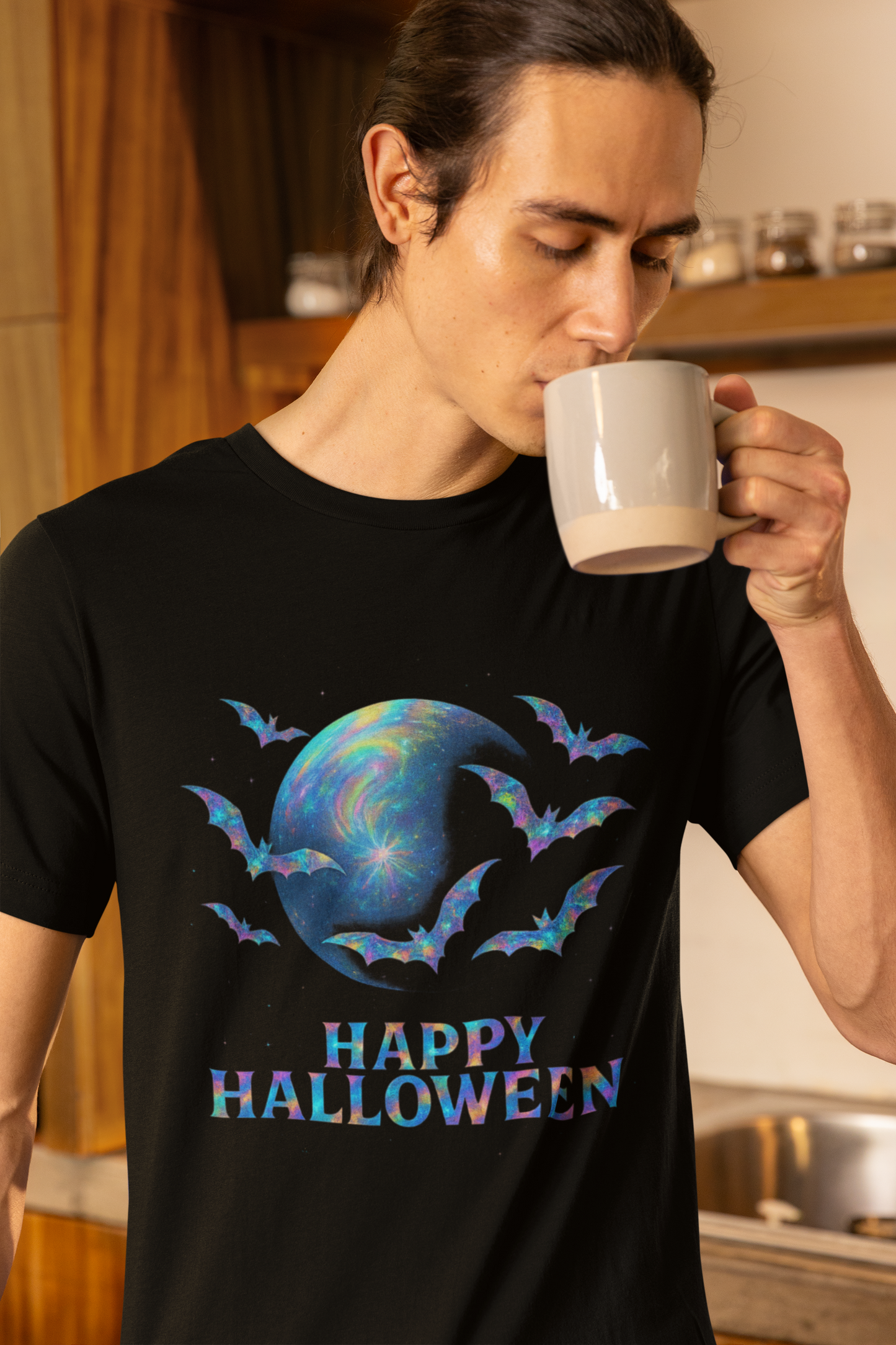 Happy Halloween Holographic style Bat Tshirt, It's a fusion of art and fashion—a masterpiece of holographic art that transforms a simple bat shirt into a standout piece.