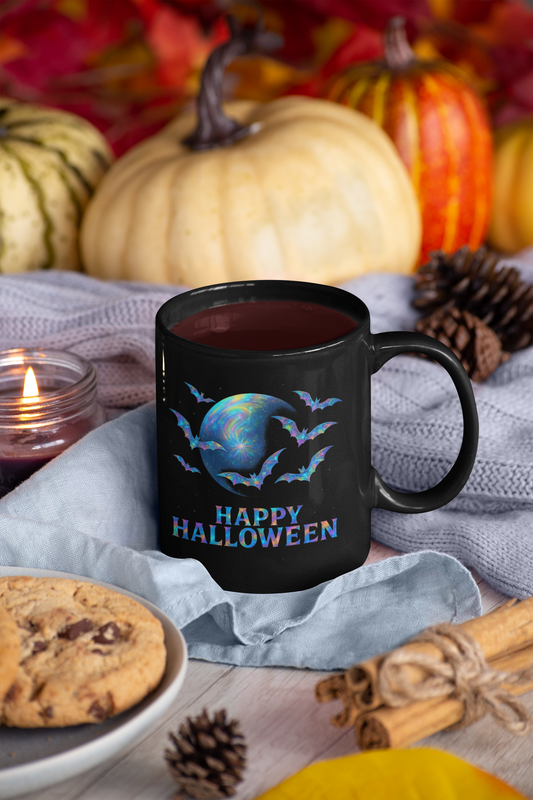 Happy Halloween Holographic Style Bat Mug, an essential addition to your coffee cup designs collection, celebrating the spooky season in style.
