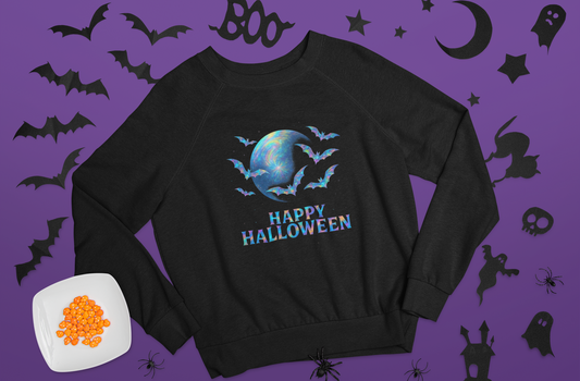Happy Halloween Holographic Style Bat Sweater, this bat jumper adds a dash of ghostly charm for sweater weather.