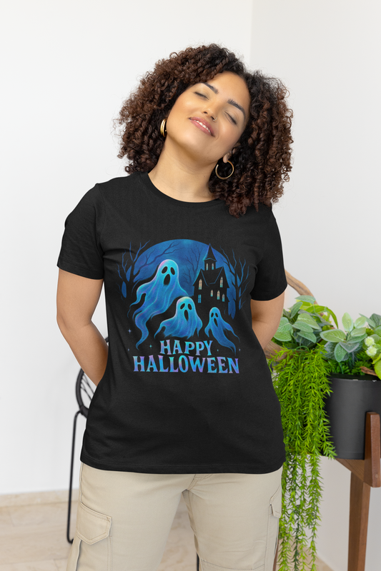 Happy Halloween Holographic Ghost Tshirt,this ghostie-themed top is both a haunted shirt and a whimsical addition for any fan of ghostly fun.