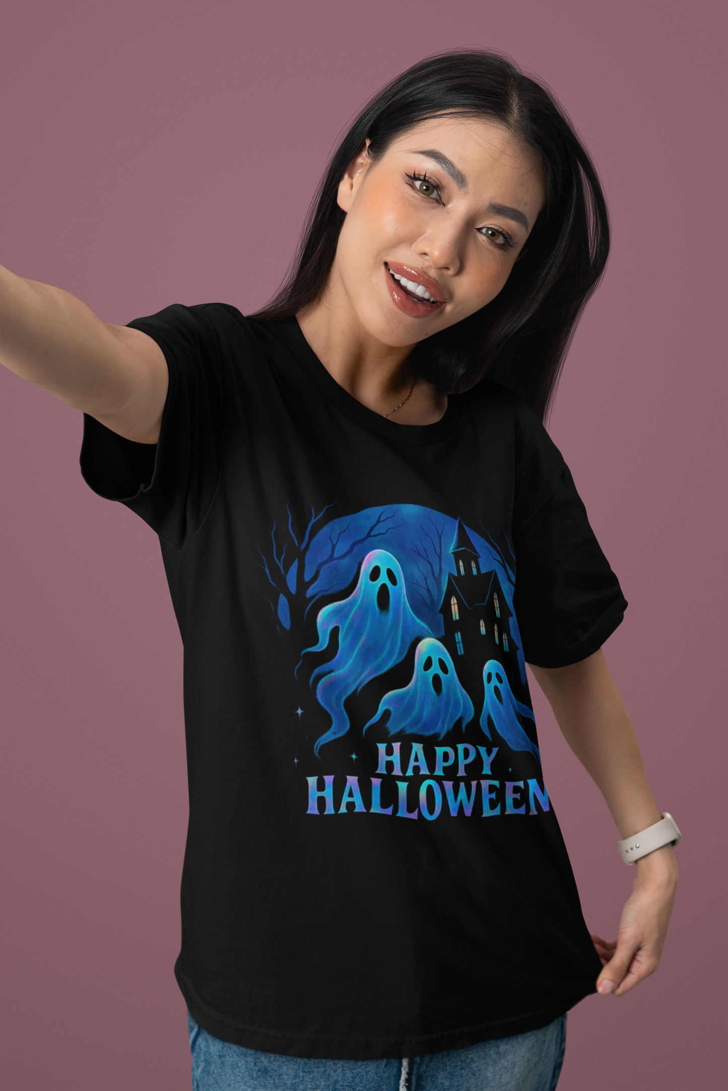 Happy Halloween Holographic Ghost Tshirt,this ghostie-themed top is both a haunted shirt and a whimsical addition for any fan of ghostly fun.