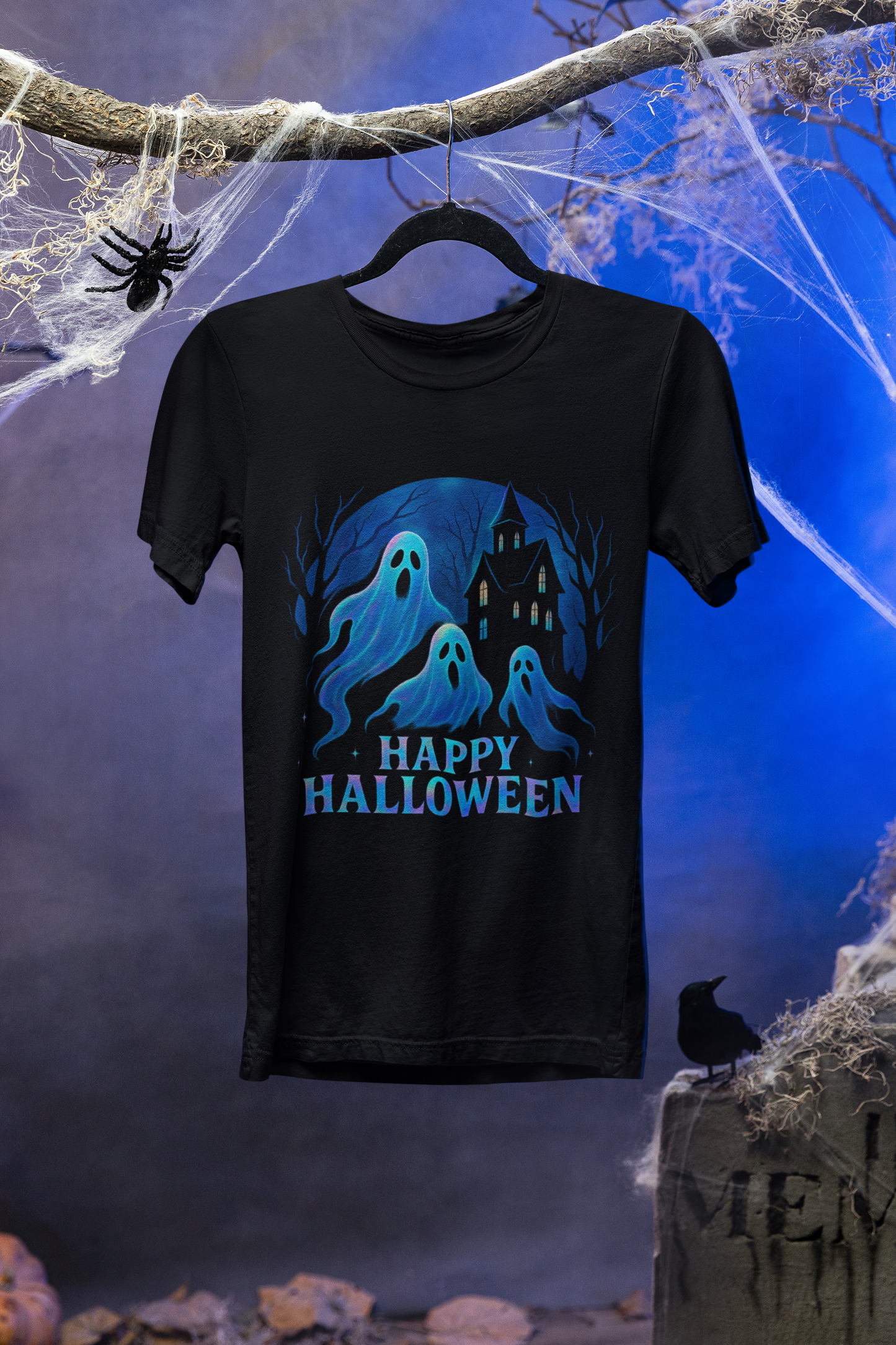 Happy Halloween Holographic Ghost Tshirt,this ghostie-themed top is both a haunted shirt and a whimsical addition for any fan of ghostly fun.
