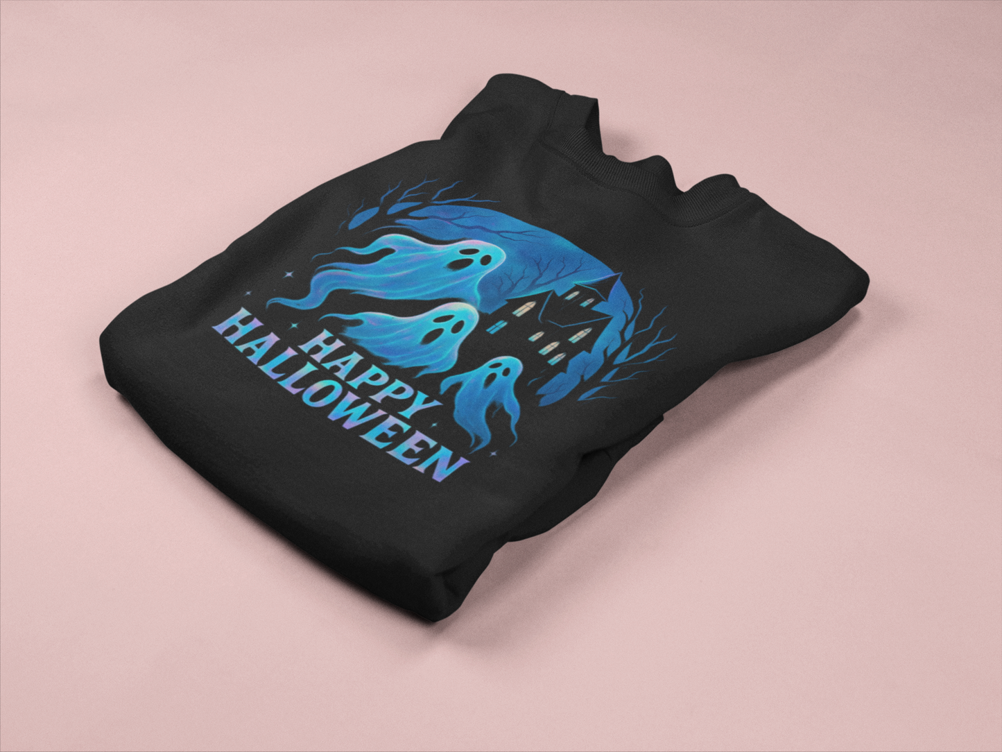 Happy Halloween Holographic Style Ghost Jumper, Embrace sweater weather with this halloween jumper, showcasing a stunning holographic style print.