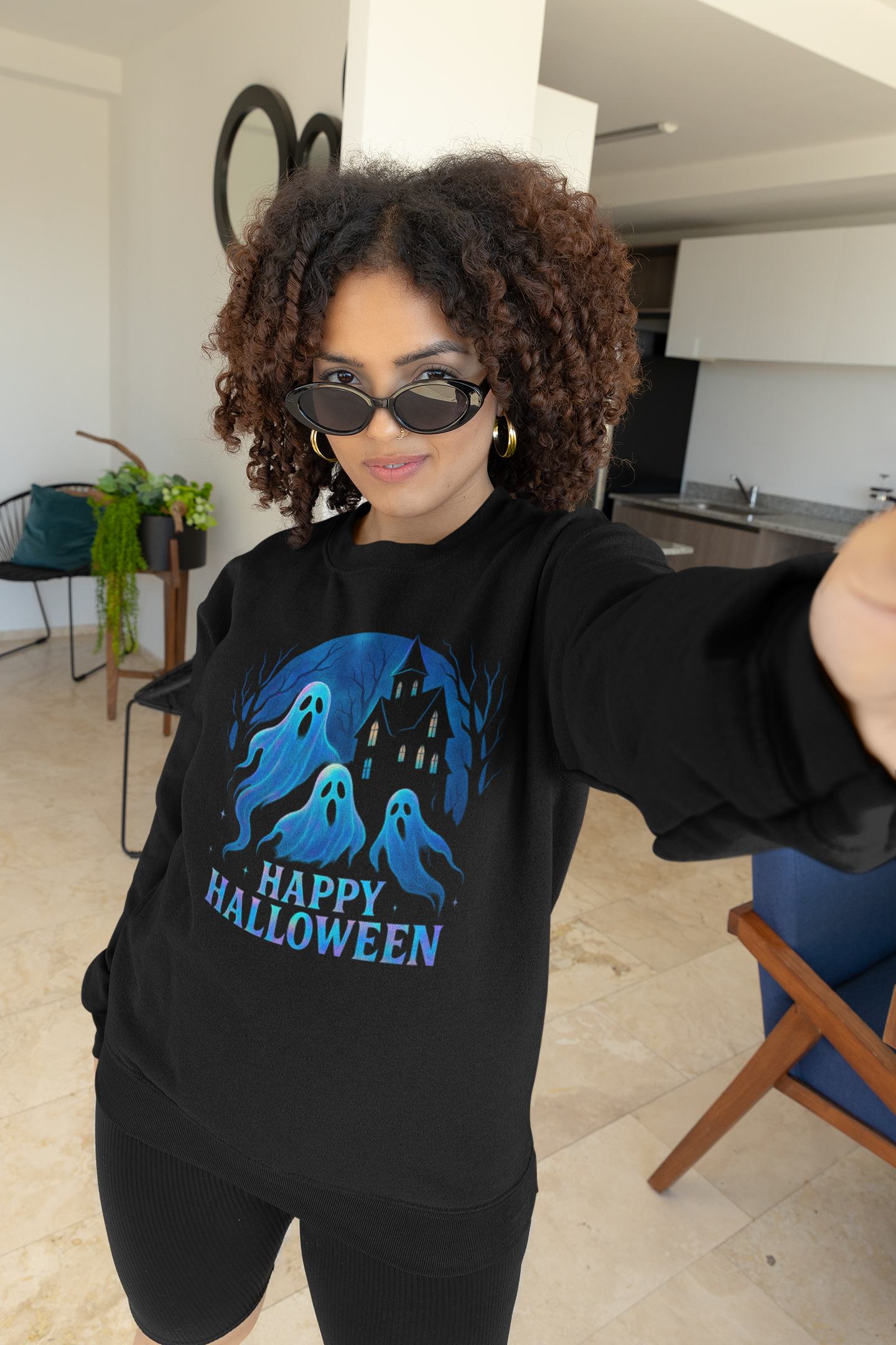 Happy Halloween Holographic Style Ghost Jumper, Embrace sweater weather with this halloween jumper, showcasing a stunning holographic style print.