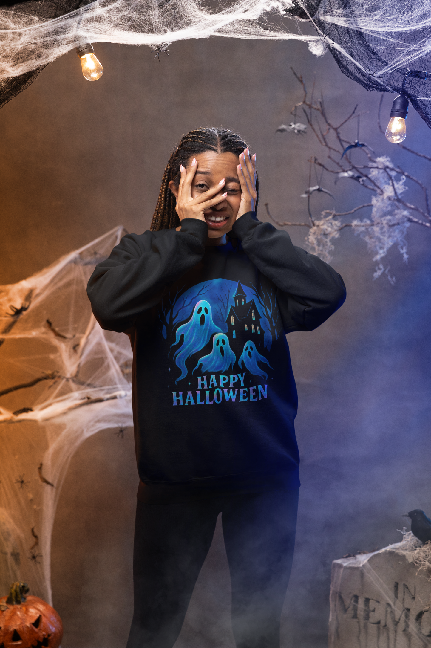 Happy Halloween Holographic Style Ghost Jumper, Embrace sweater weather with this halloween jumper, showcasing a stunning holographic style print.