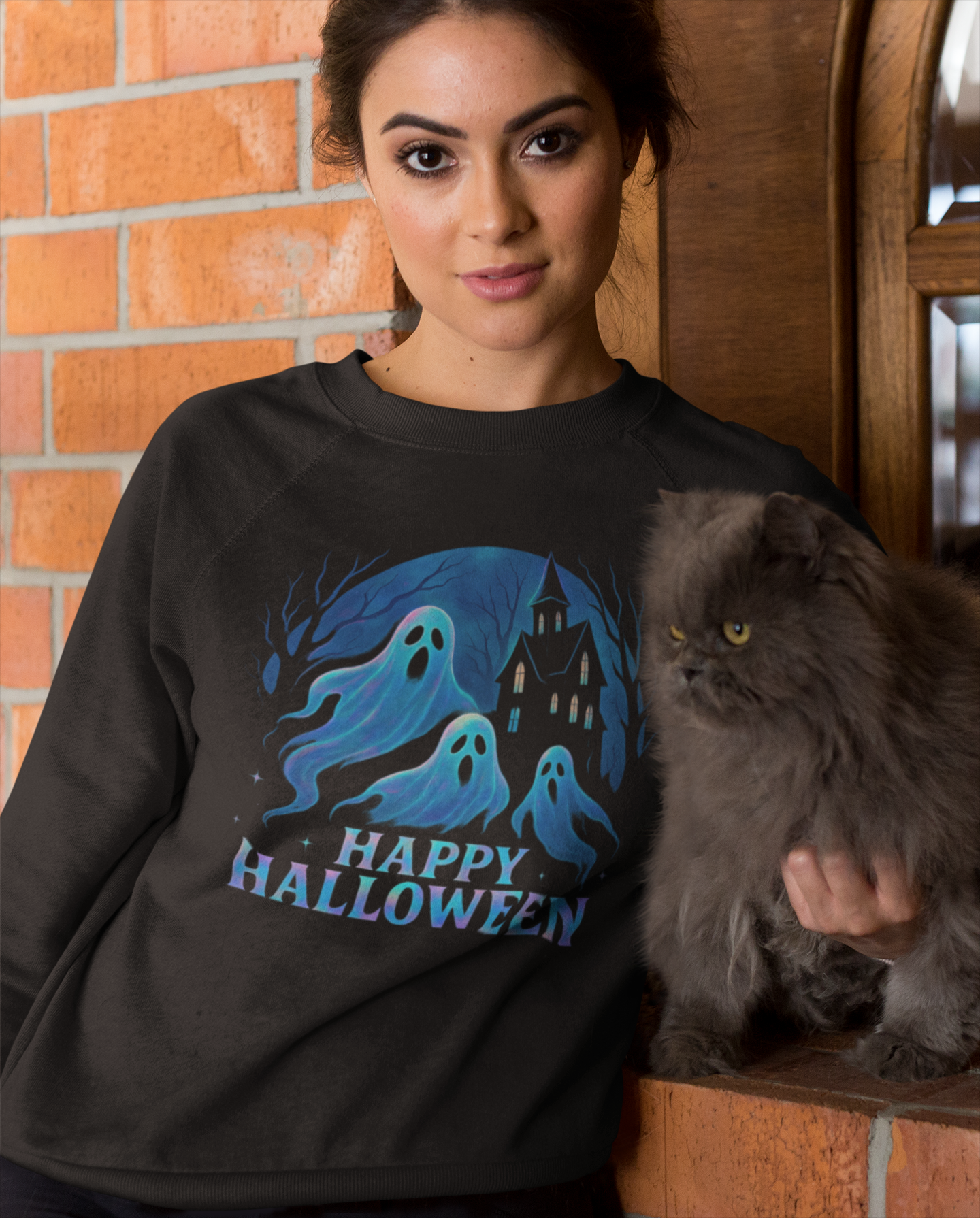 Happy Halloween Holographic Style Ghost Jumper, Embrace sweater weather with this halloween jumper, showcasing a stunning holographic style print.