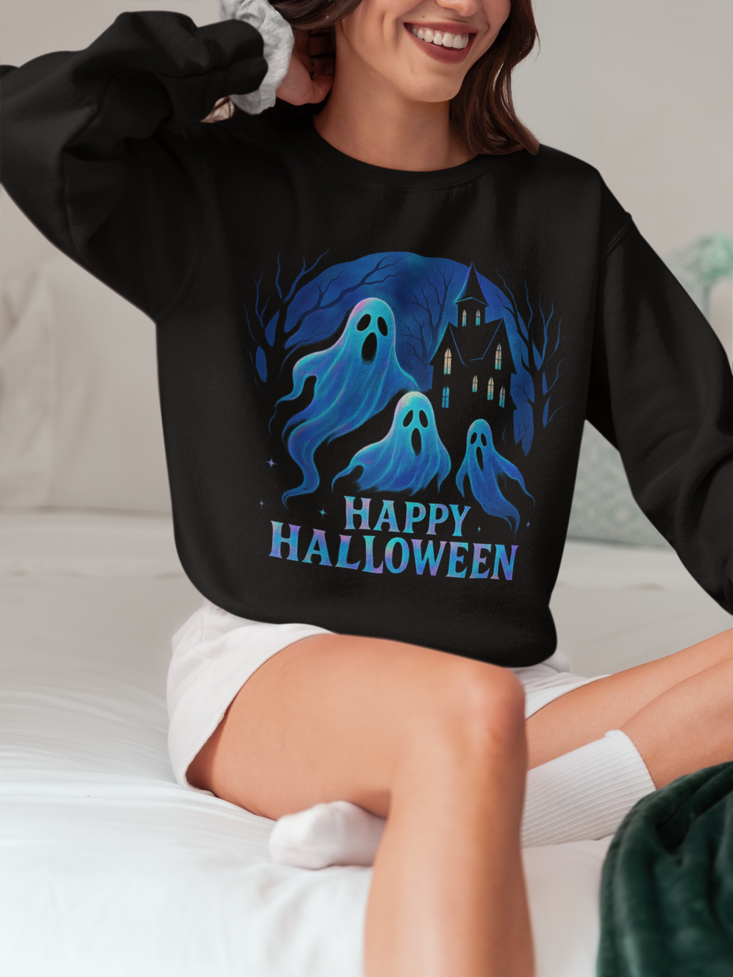 Happy Halloween Holographic Style Ghost Jumper, Embrace sweater weather with this halloween jumper, showcasing a stunning holographic style print.