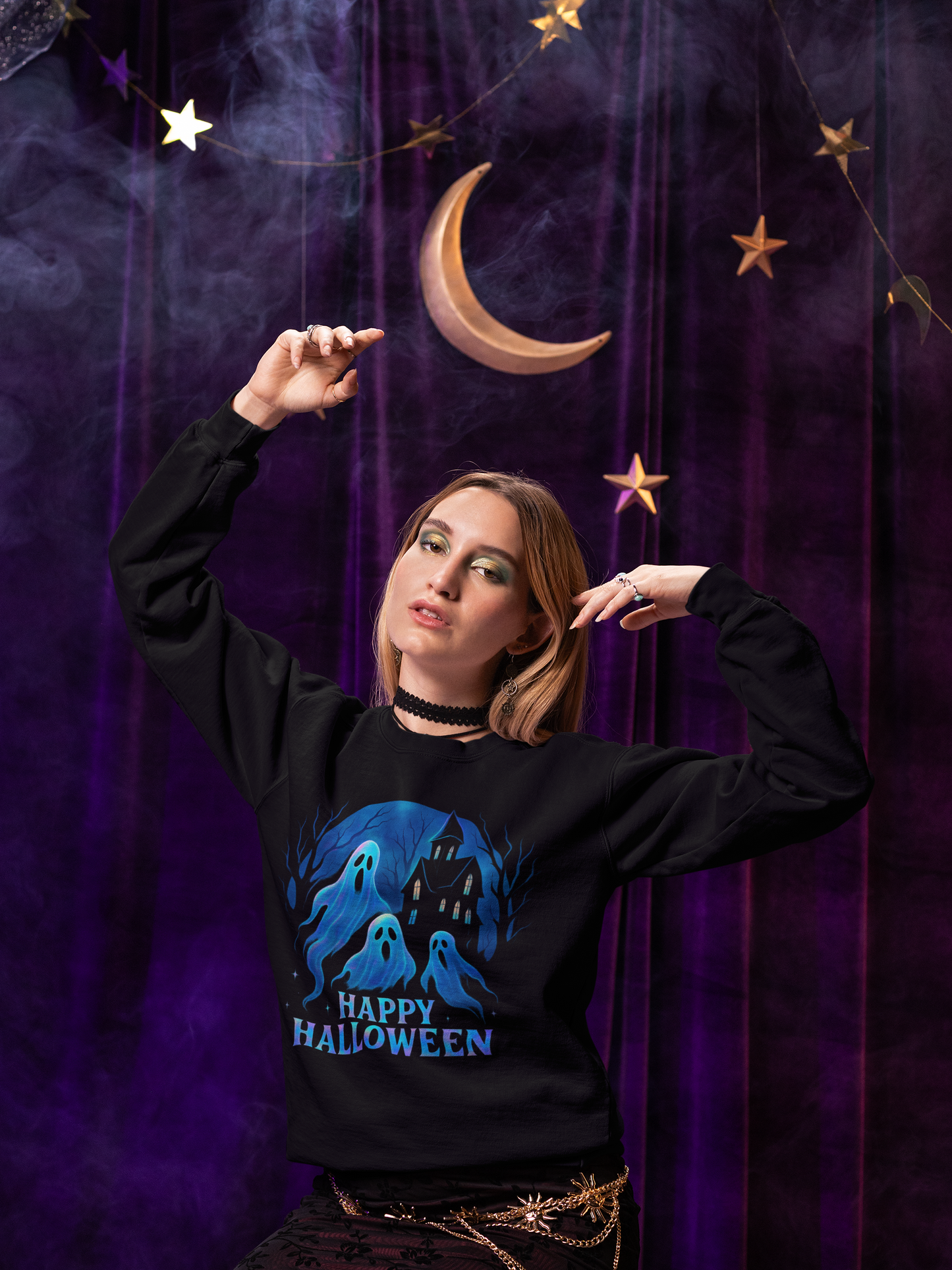 Happy Halloween Holographic Style Ghost Jumper, Embrace sweater weather with this halloween jumper, showcasing a stunning holographic style print.