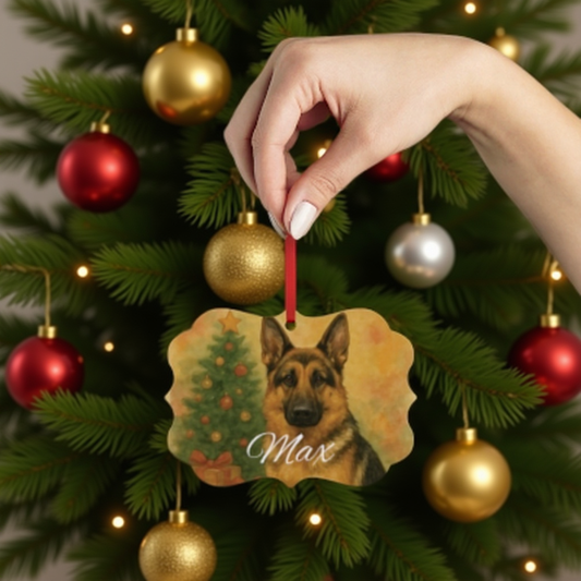 Festive German Shepherd Tree Ornament, A beautifully designed piece, it stands out among festive ornaments, honoring the noble german shepherd dog in style.