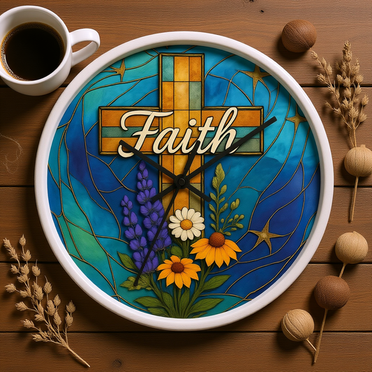 Christianity Faith Cross Stained Glass Effect Wall Clock, Perfect as a Christian clock or as thoughtful Christianity gifts.