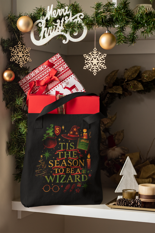 Tis the Season to be a Wizard Xmas Tote Bag, With its charming design, this xmas tote bag doubles as a delightful Christmas Eve bag.