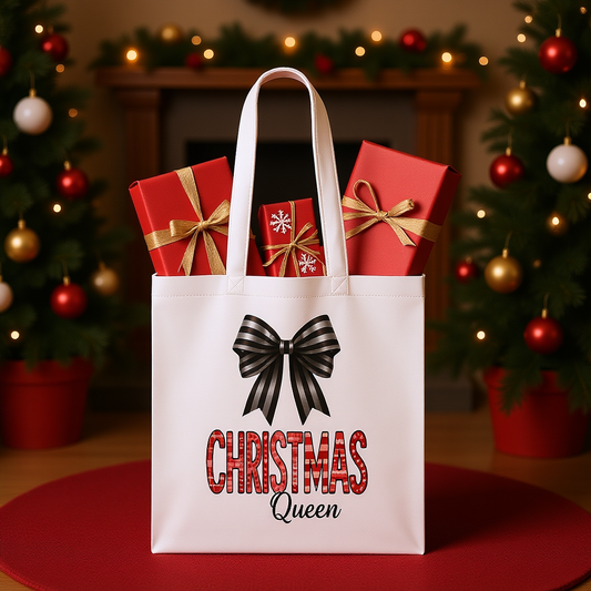 Christmas Queen Festive Reusable Tote Gift Bag, doubling as a unique gift bag and an elegant wine bag for your festive gatherings.